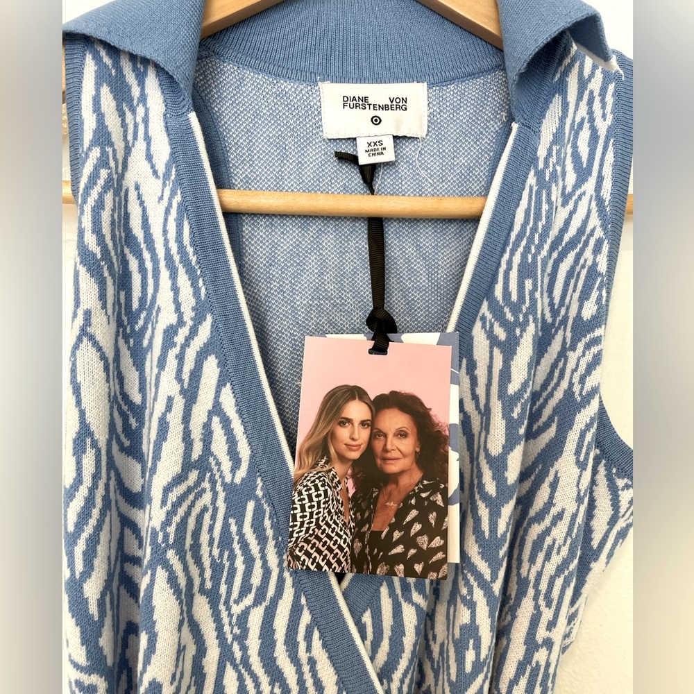 Diane Von Furstenberg DVF Target Collared Knit Wrap Dress XXS Blue Sea Twig NWT
